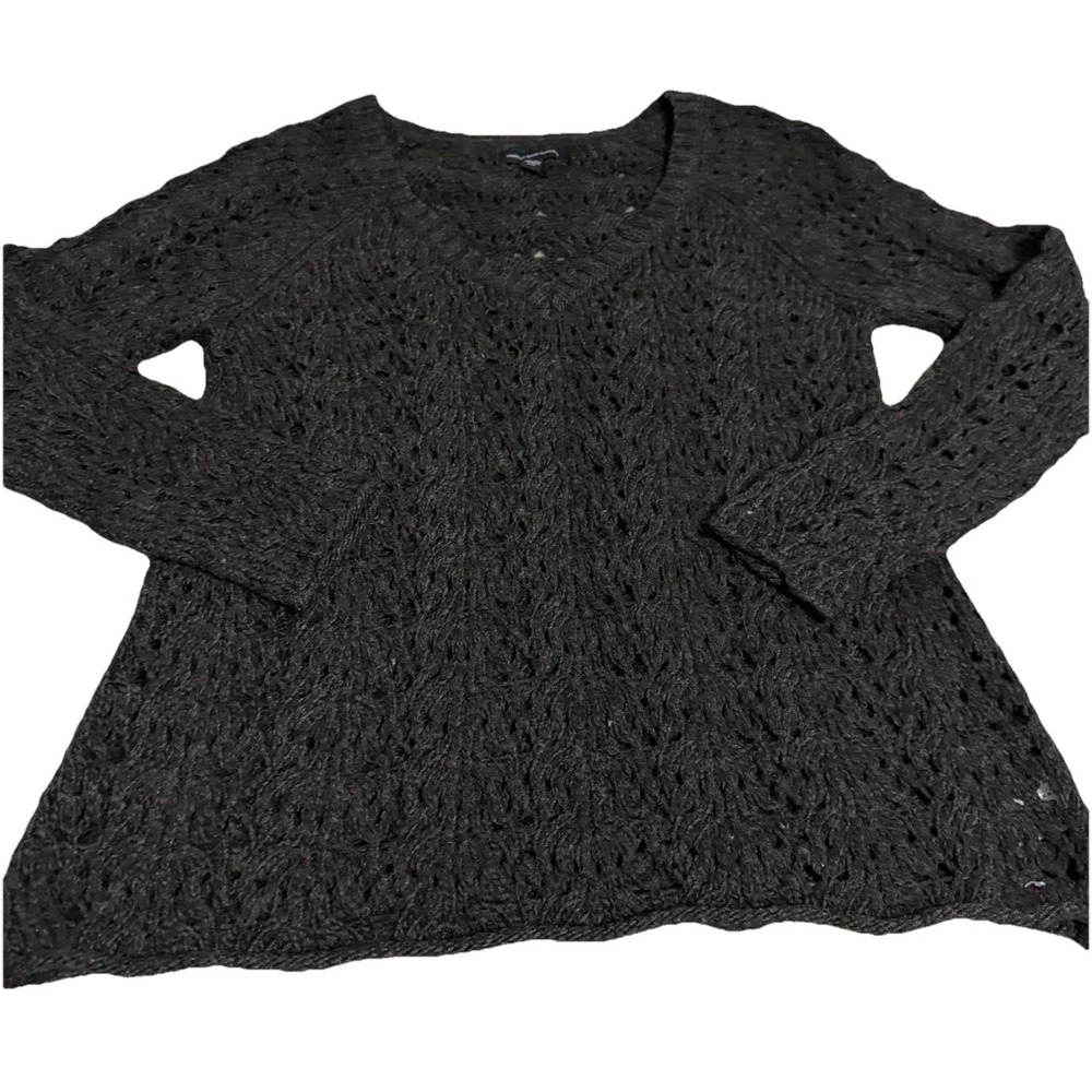 American Eagle Long Sleeve Sweater Gray Womens Size Medium Open Knit Crochet Top